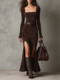 Chic Dark Brown Suede Maxi Dress Square Neck