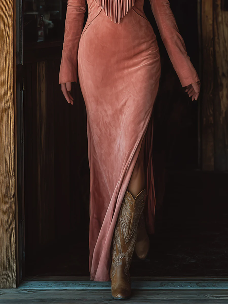 Vintage Western Fringed Embroidered Pink Faux Suede Maxi Dress