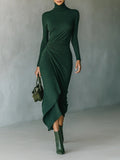 Lenora - Draped and high-necked, asymmetrical midi dress in dark green
