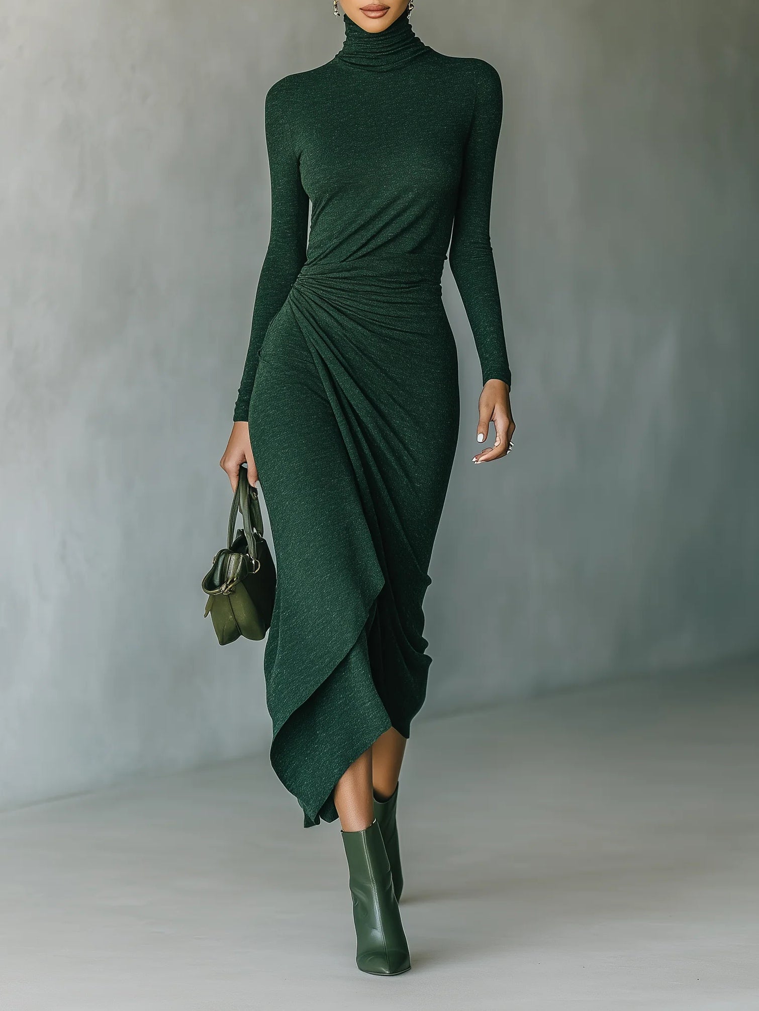 Lenora - Draped and high-necked, asymmetrical midi dress in dark green