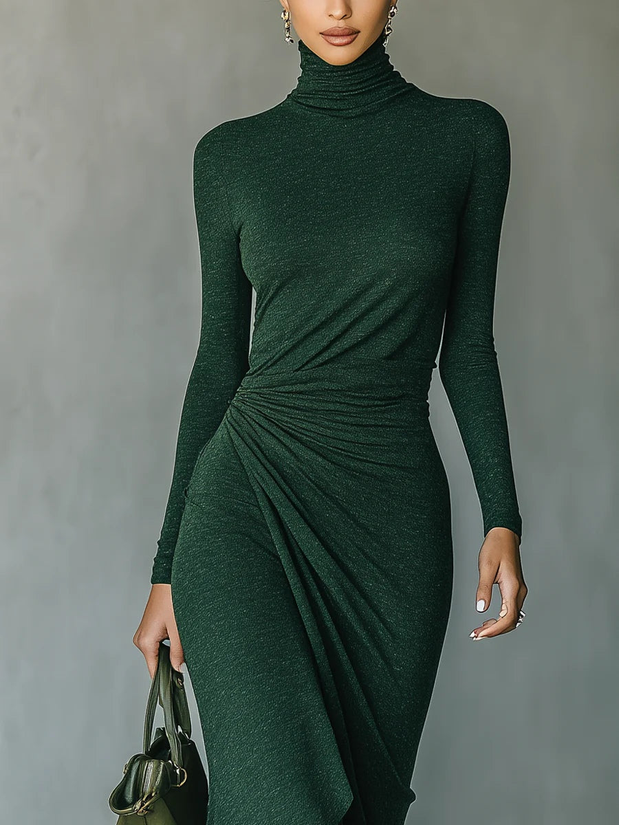 Lenora - Draped and high-necked, asymmetrical midi dress in dark green