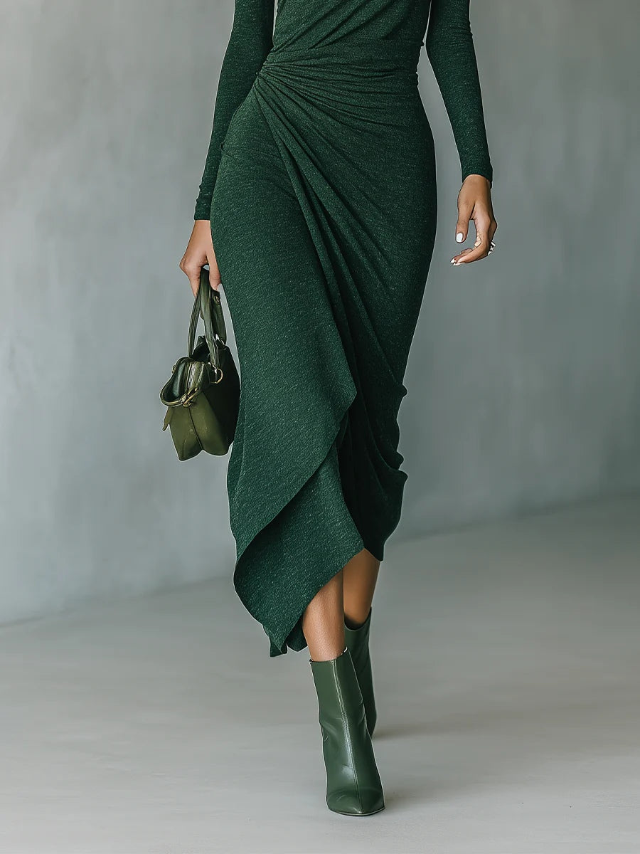 Lenora - Draped and high-necked, asymmetrical midi dress in dark green