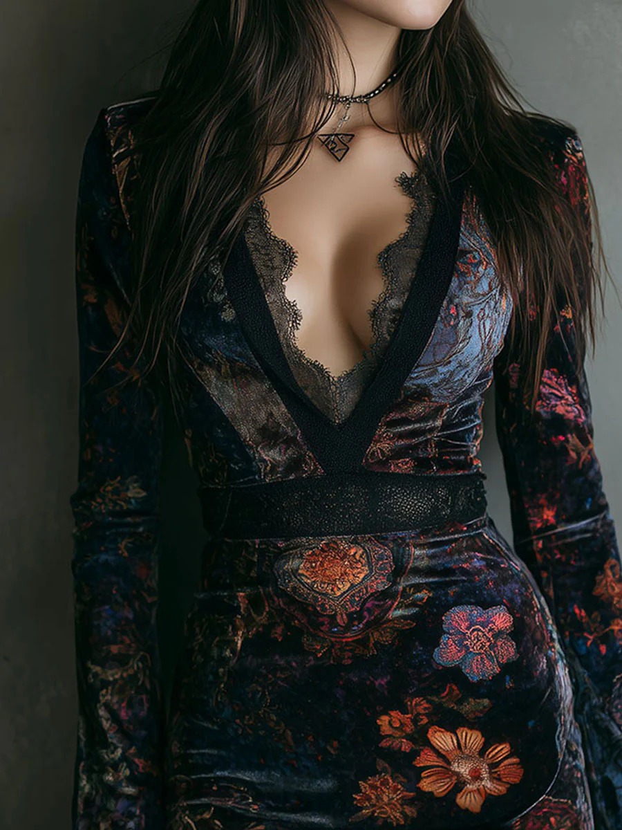 Floral V-Neck Velvet Bodycon Mini Dress