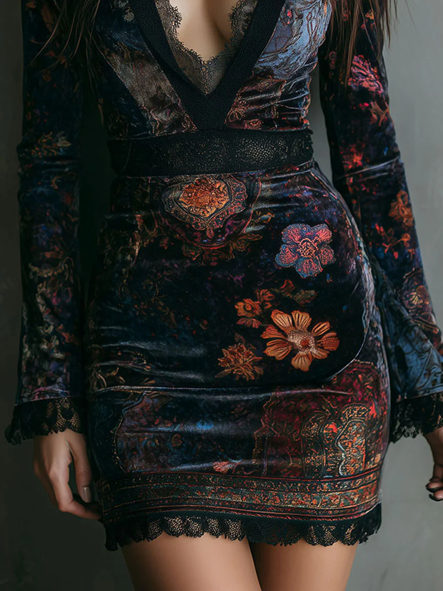 Floral V-Neck Velvet Bodycon Mini Dress
