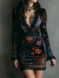 Floral V-Neck Velvet Bodycon Mini Dress