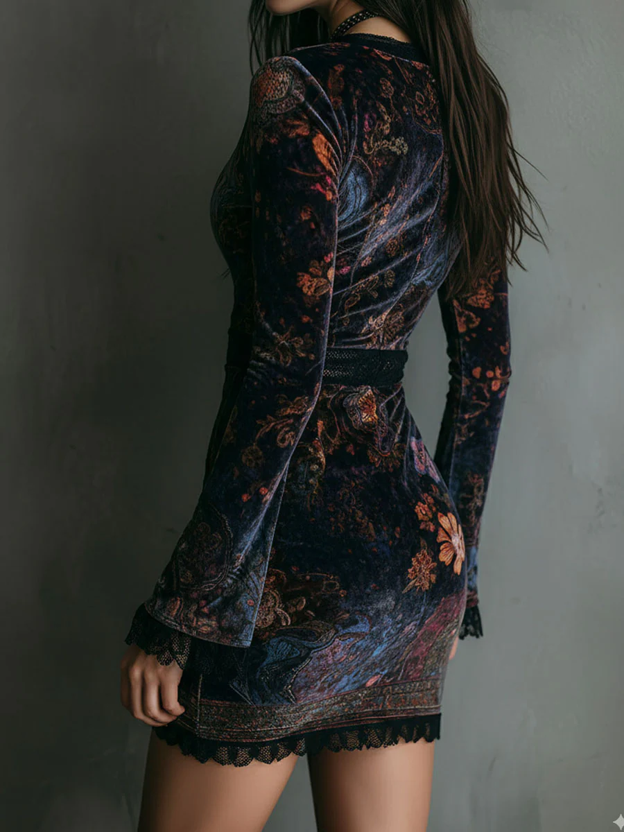 Floral V-Neck Velvet Bodycon Mini Dress