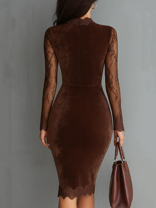 Brown Vintage Keyhole Neck Lace Sleeve Velvet Mini Dress