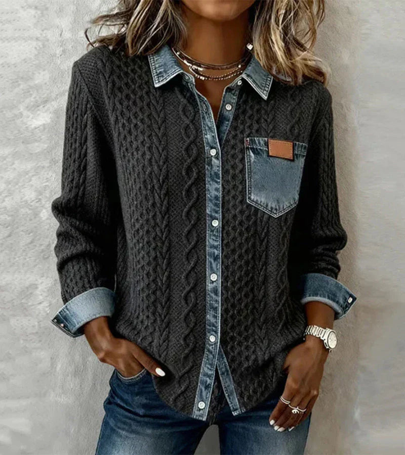 Ambra | Denim Detailed Patchwork Knit Top