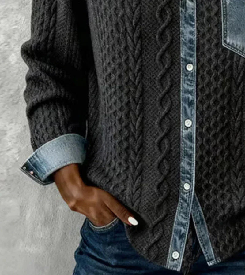 Ambra | Denim Detailed Patchwork Knit Top