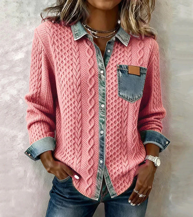 Ambra | Denim Detailed Patchwork Knit Top