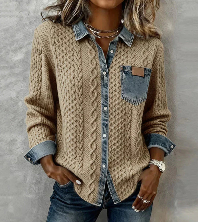 AMBRA - Denim Detailed Patchwork Knit Top