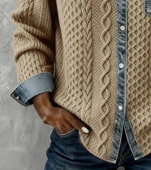 AMBRA - Denim Detailed Patchwork Knit Top