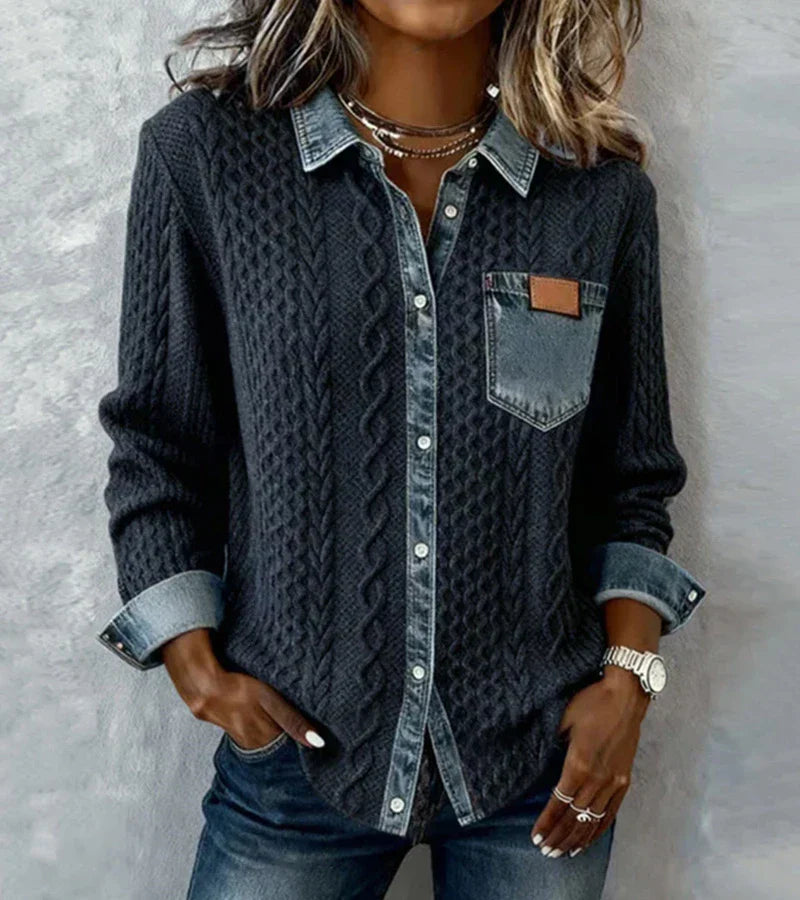 Ambra | Denim Detailed Patchwork Knit Top