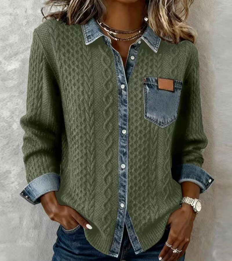 AMBRA - Denim Detailed Patchwork Knit Top