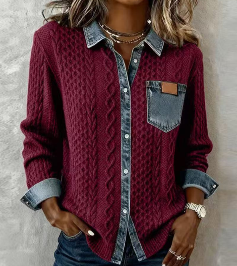AMBRA - Denim Detailed Patchwork Knit Top