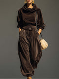 Vintage Brown Velvet Hooded Sweatshirt and Loose Pants Set (Including Belt)