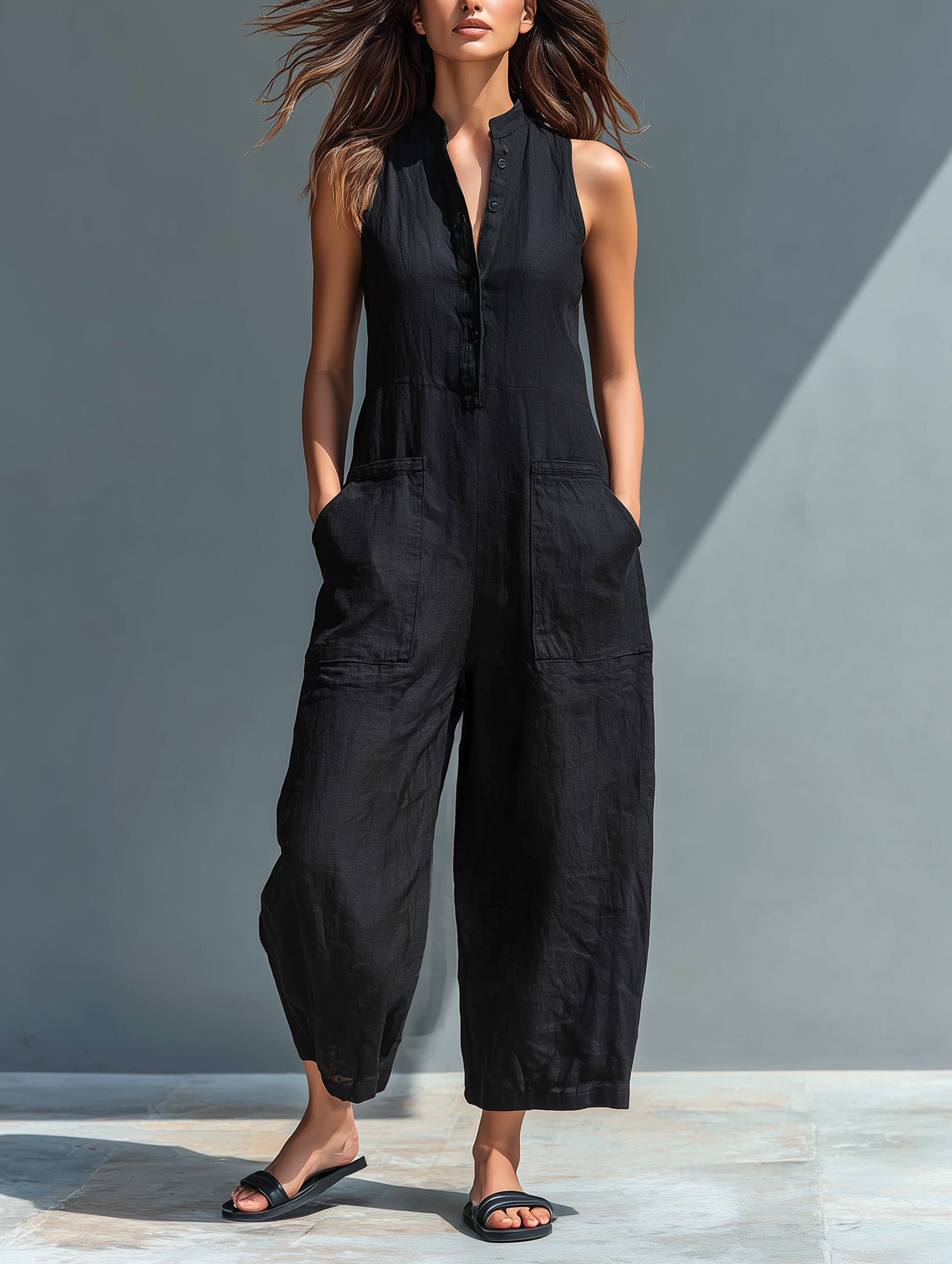 Sleeveless Minimalist Linen Blend Jumpsuit with Raised Collar MDZ2725A5Y