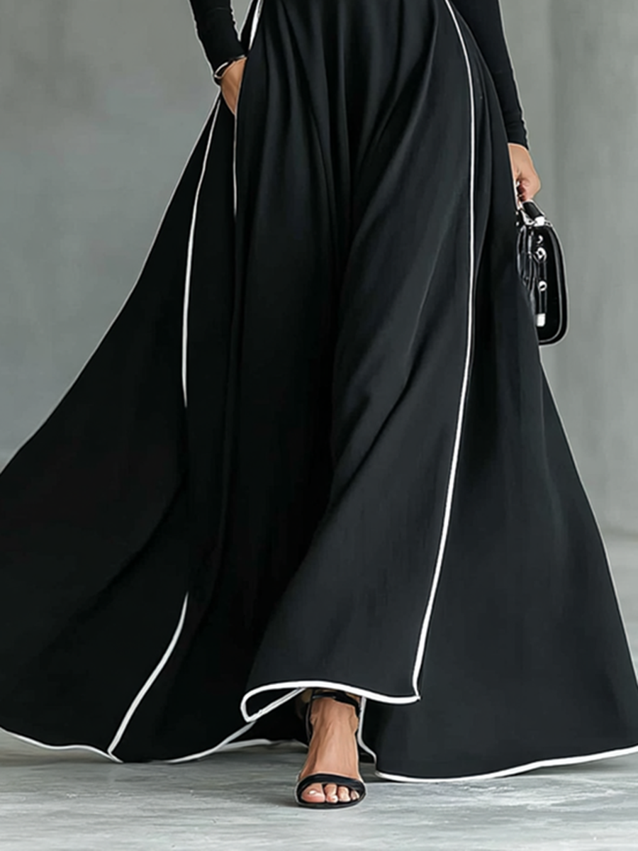 Black Maxi Dress with White Stitching, High Neck, Long Sleeves, and Slim Waist