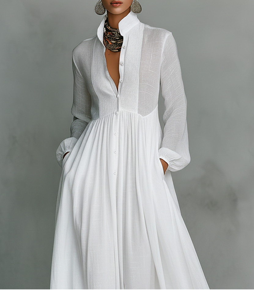 Elisa - Maxi Minimalist Dress with Cotton and Linen Patchwork, High Neck and Long Sleeves