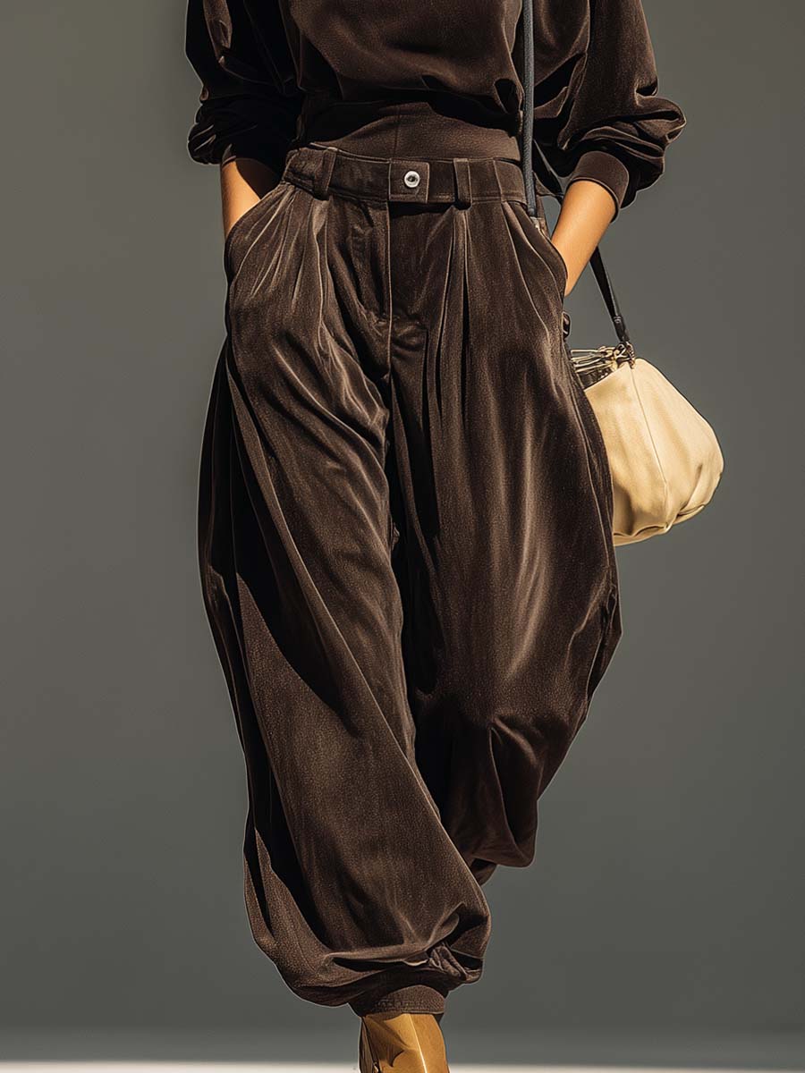 Vintage Brown Velvet Hooded Sweatshirt and Loose Pants Set (Including Belt)