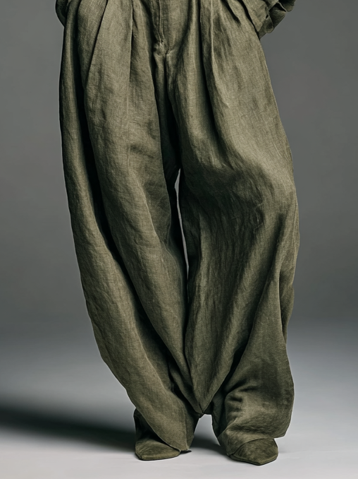 Women's Cotton and Linen Double Set with Long Sleeve Shirt and Wide Leg Pants