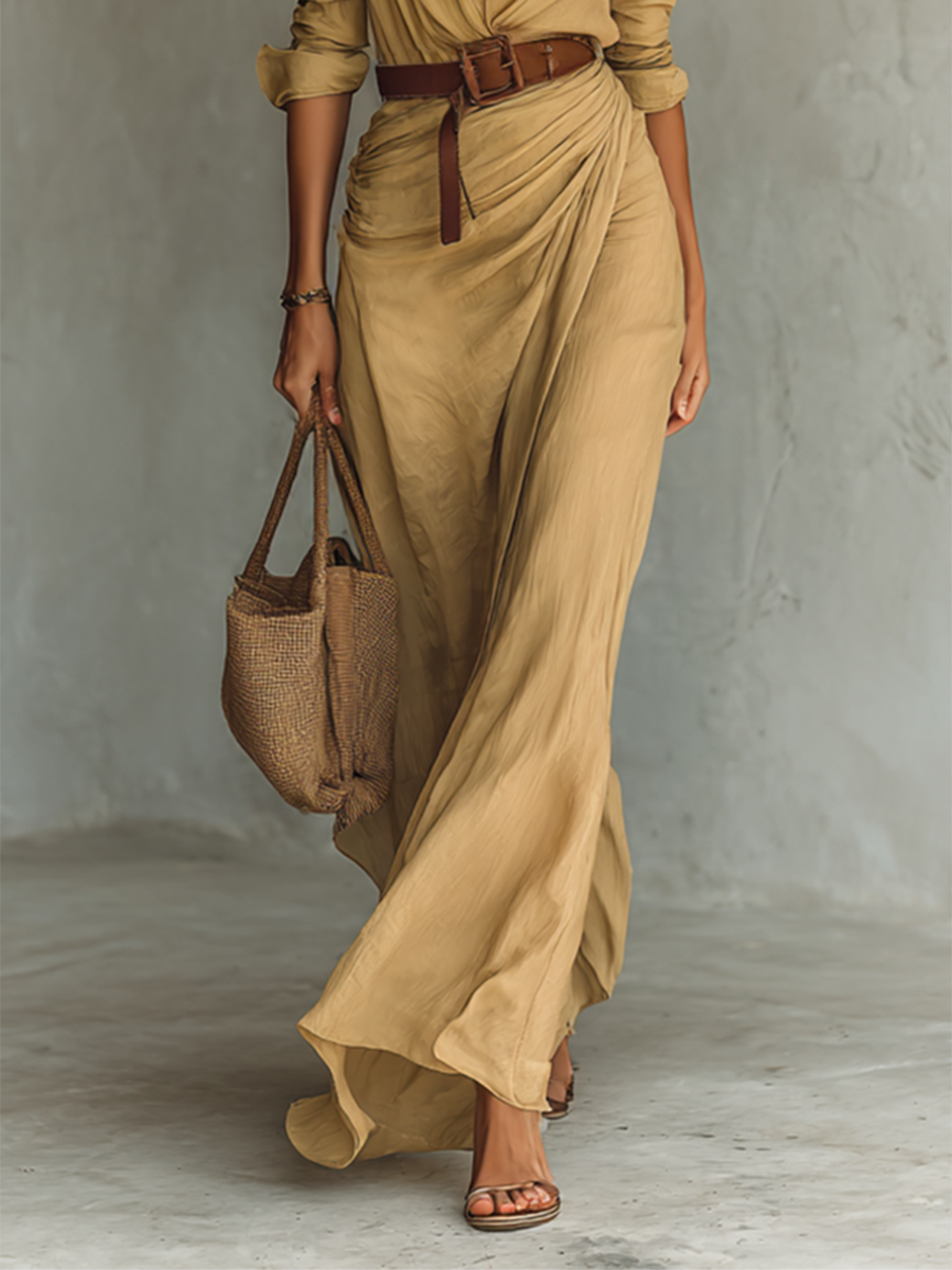 Long Maxi Dress with Collar and Included Belt