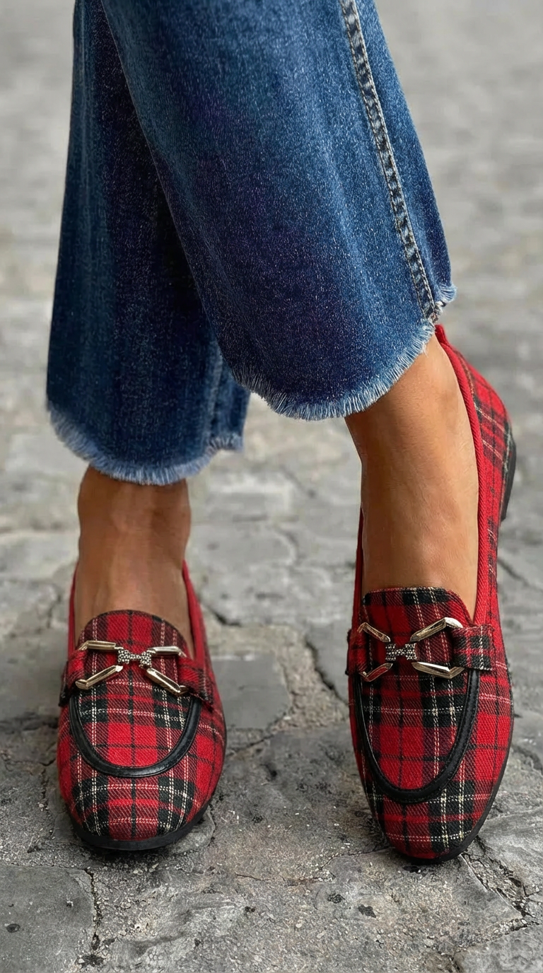 SCOTTISH PATTERN LOAFERS WITH METAL DETAIL