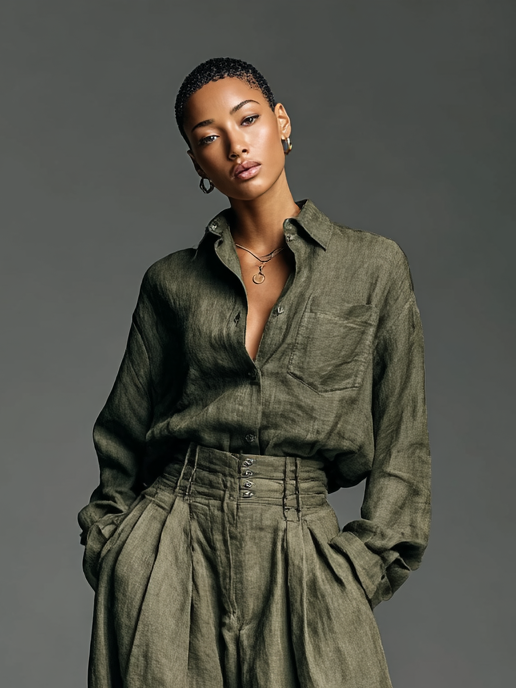 Women's Cotton and Linen Double Set with Long Sleeve Shirt and Wide Leg Pants