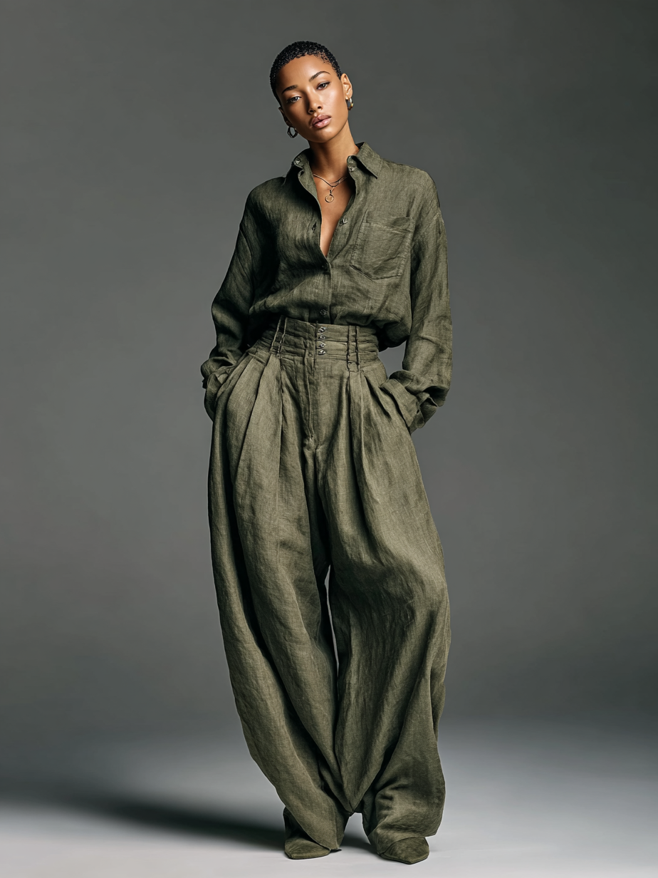 Women's Cotton and Linen Double Set with Long Sleeve Shirt and Wide Leg Pants