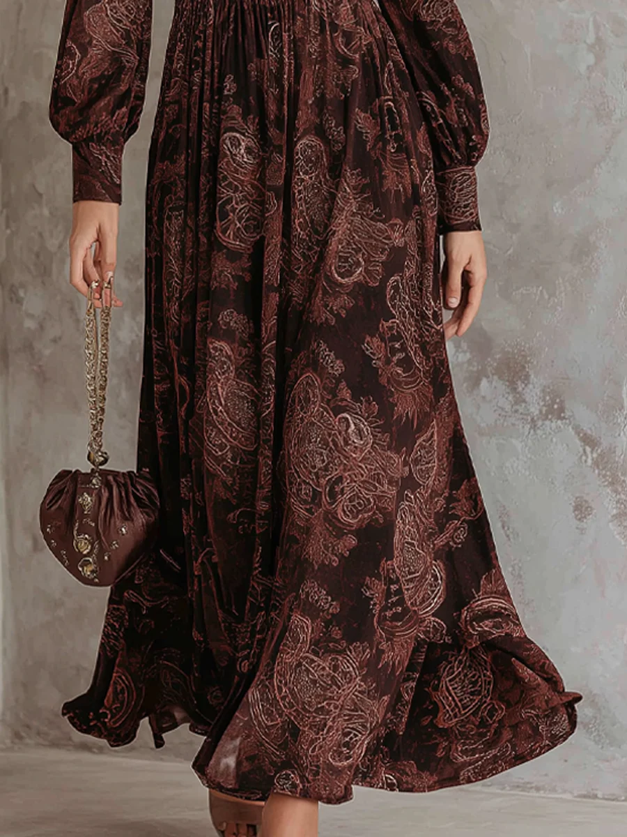Marlene | Paisley Patterned Midi Dress with Zipper at the Neckline