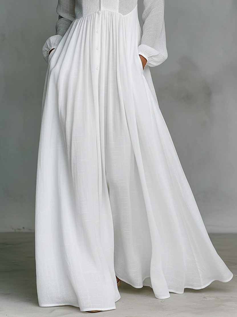 Elisa - Maxi Minimalist Dress with Cotton and Linen Patchwork, High Neck and Long Sleeves