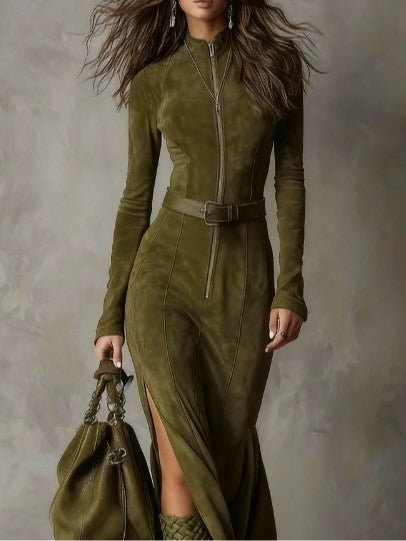 Evelyn | Belted Suede Dress and Zipper
