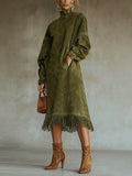 Golf Collar and Plain Cord Suede Dress