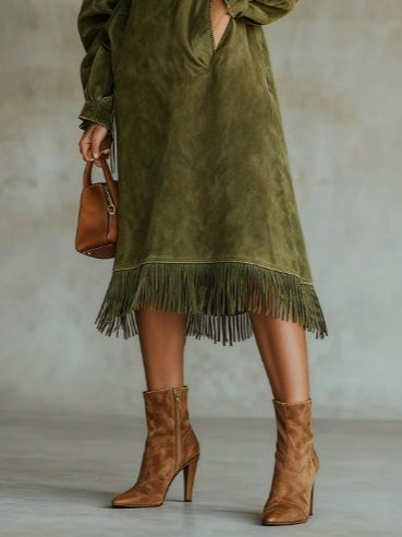 Golf Collar and Plain Cord Suede Dress