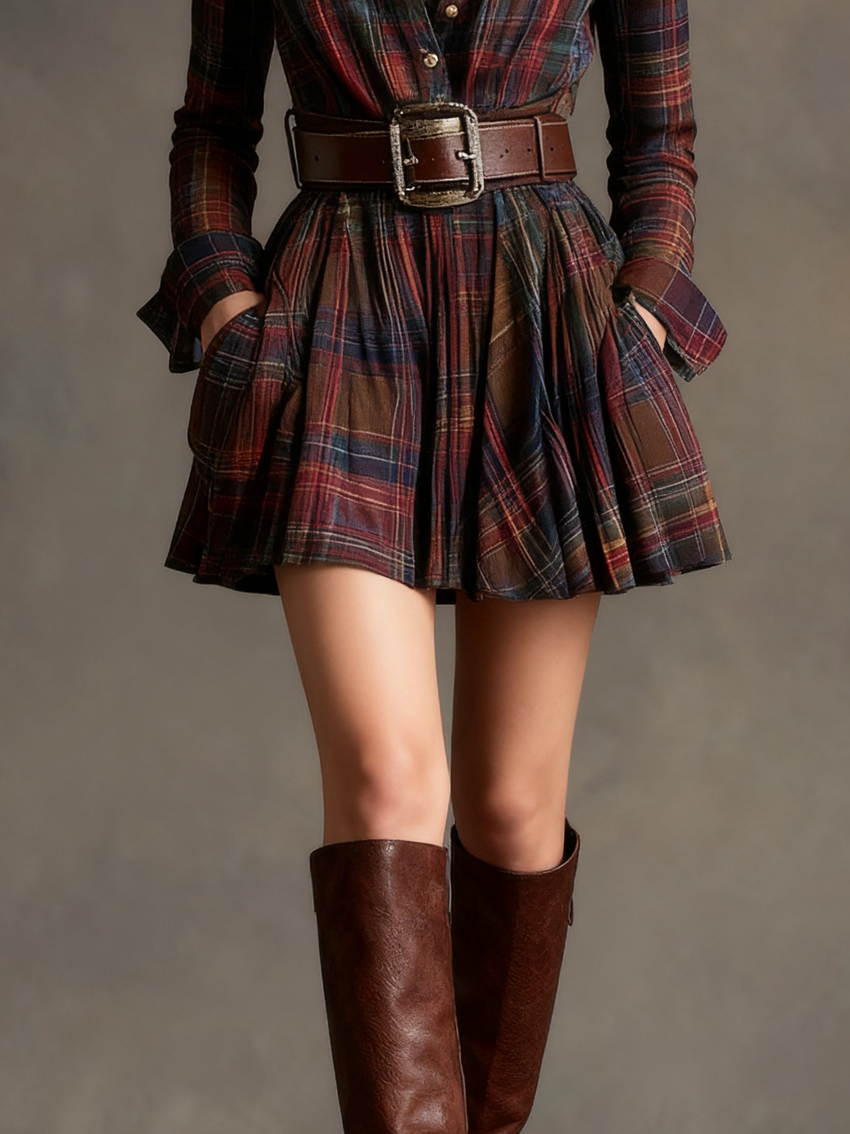 Vintage Collar Red and Brown Checkered Mini Dress (Includes Belt)