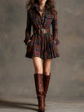 Vintage Collar Red and Brown Checkered Mini Dress (Includes Belt)