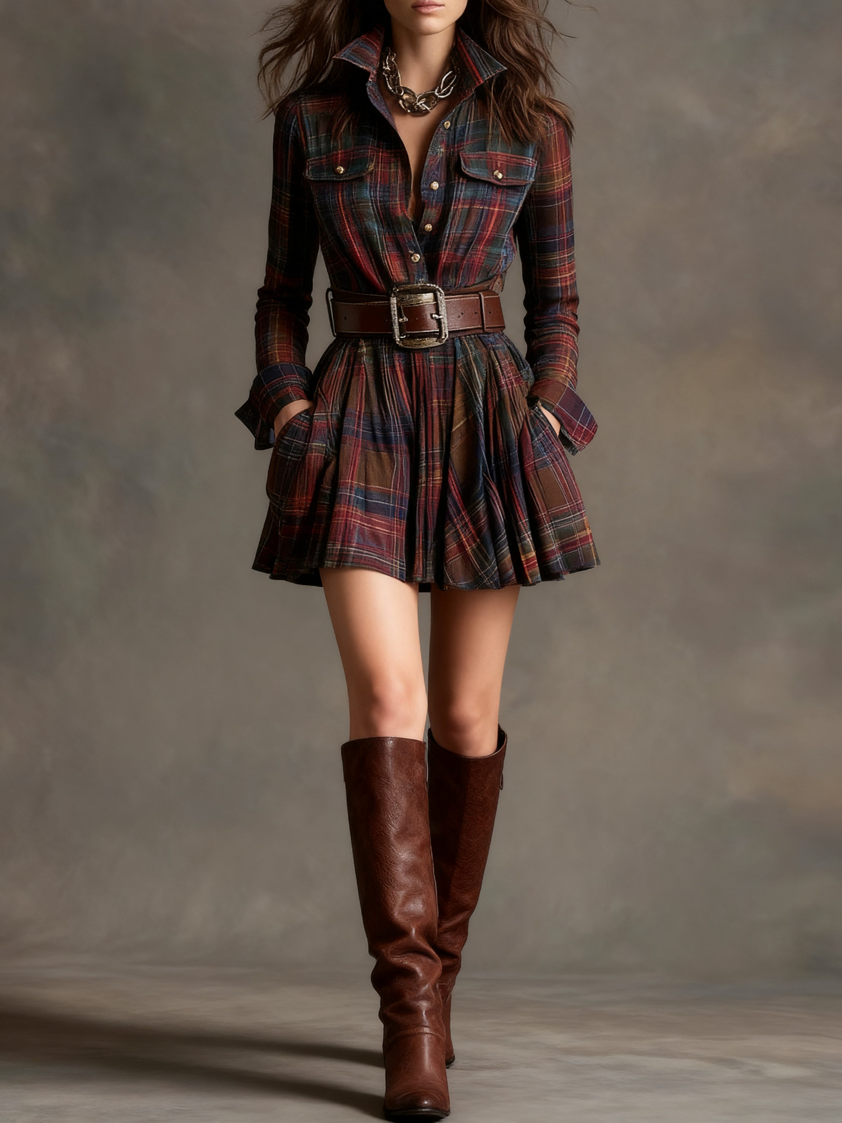 Vintage Collar Red and Brown Checkered Mini Dress (Includes Belt)