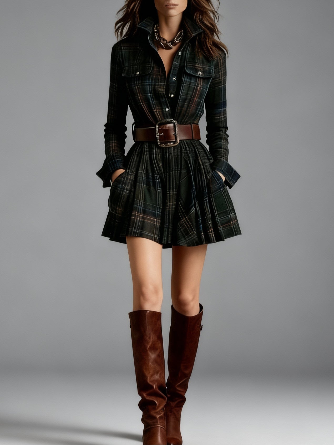 Vintage Collar Red and Brown Checkered Mini Dress (Includes Belt)