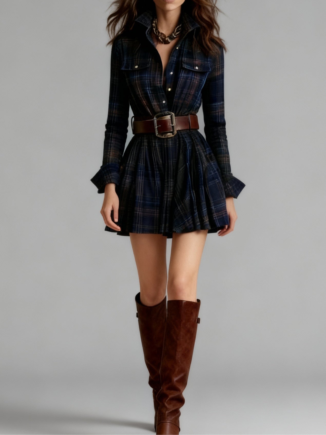 Vintage Collar Red and Brown Checkered Mini Dress (Includes Belt)