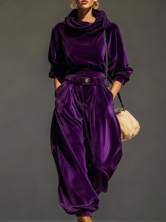 Vintage Brown Velvet Hooded Sweatshirt and Loose Pants Set (Including Belt)