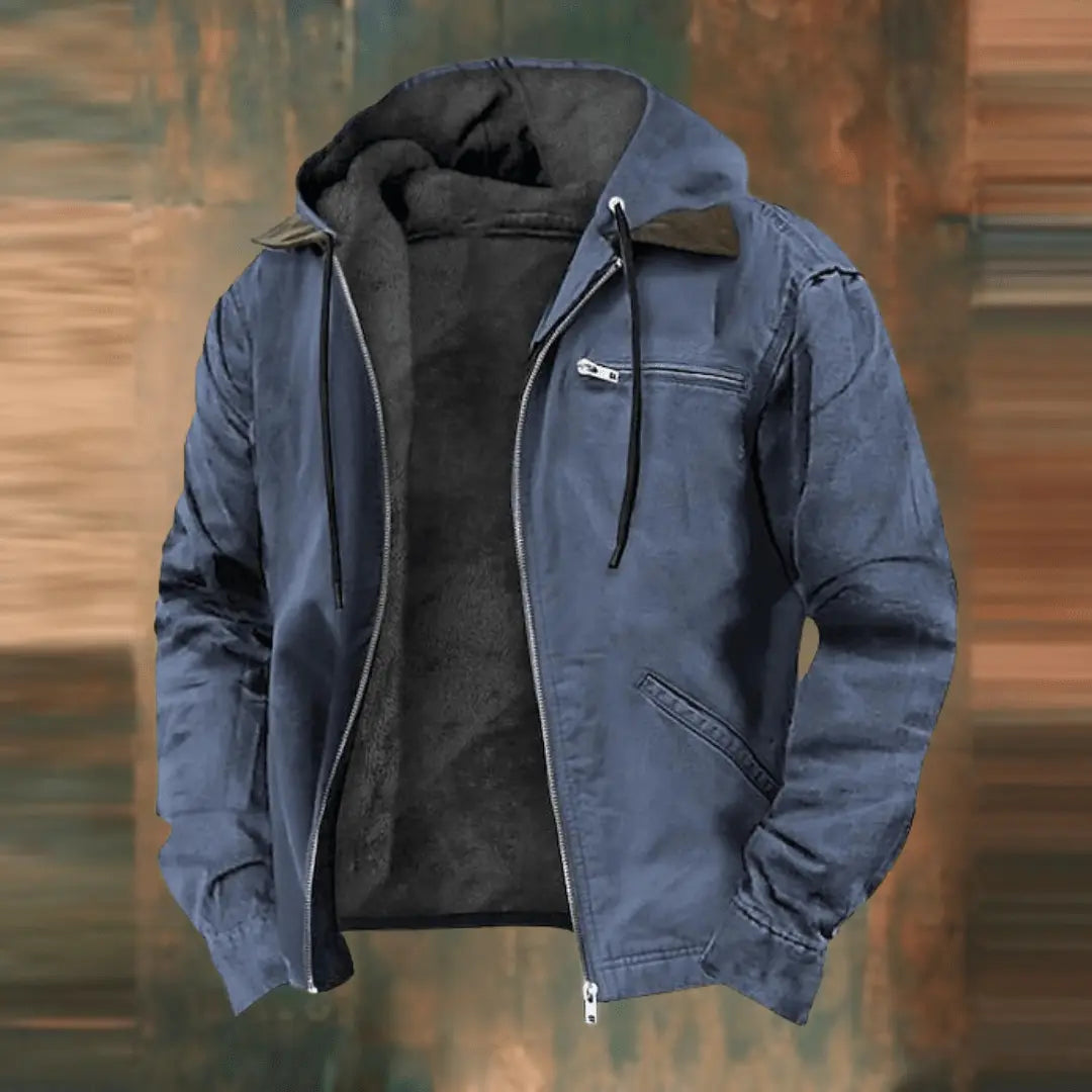 Men’s Fleece-Lined Hooded Jacket – Casual Zip-Up Outerwear with Drawstring Hood