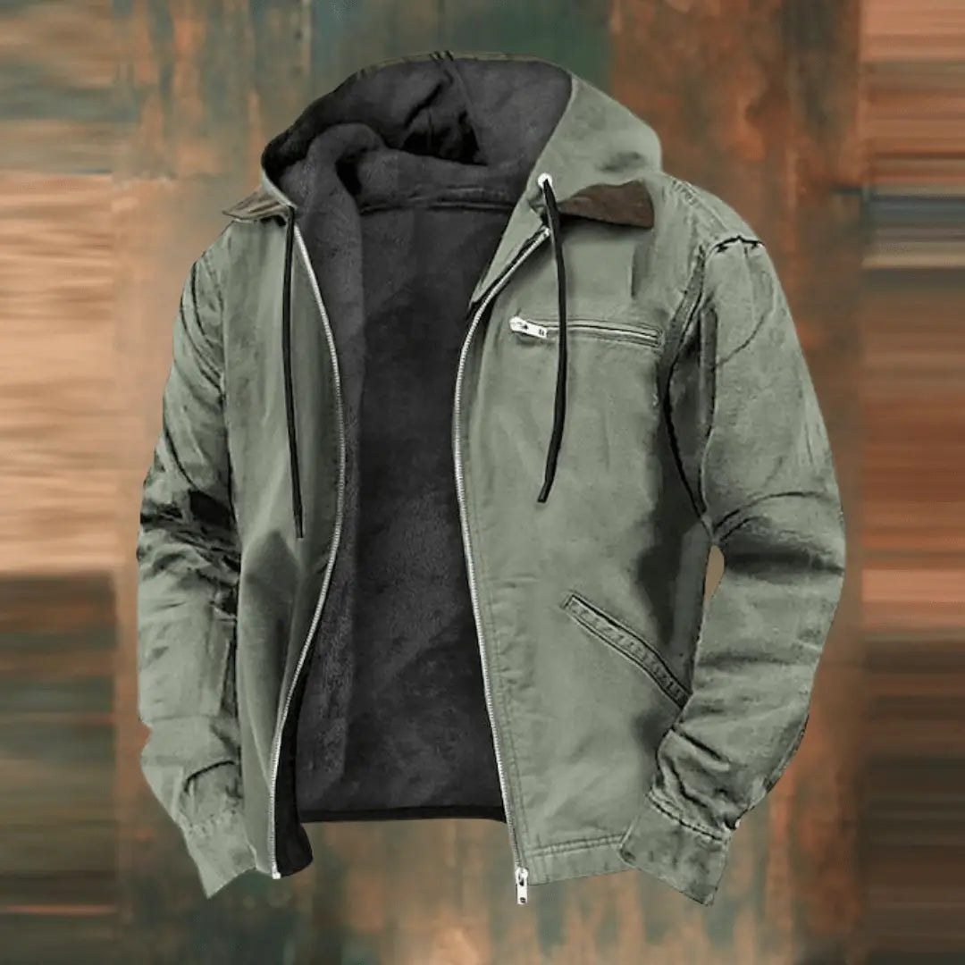 Men’s Fleece-Lined Hooded Jacket – Casual Zip-Up Outerwear with Drawstring Hood