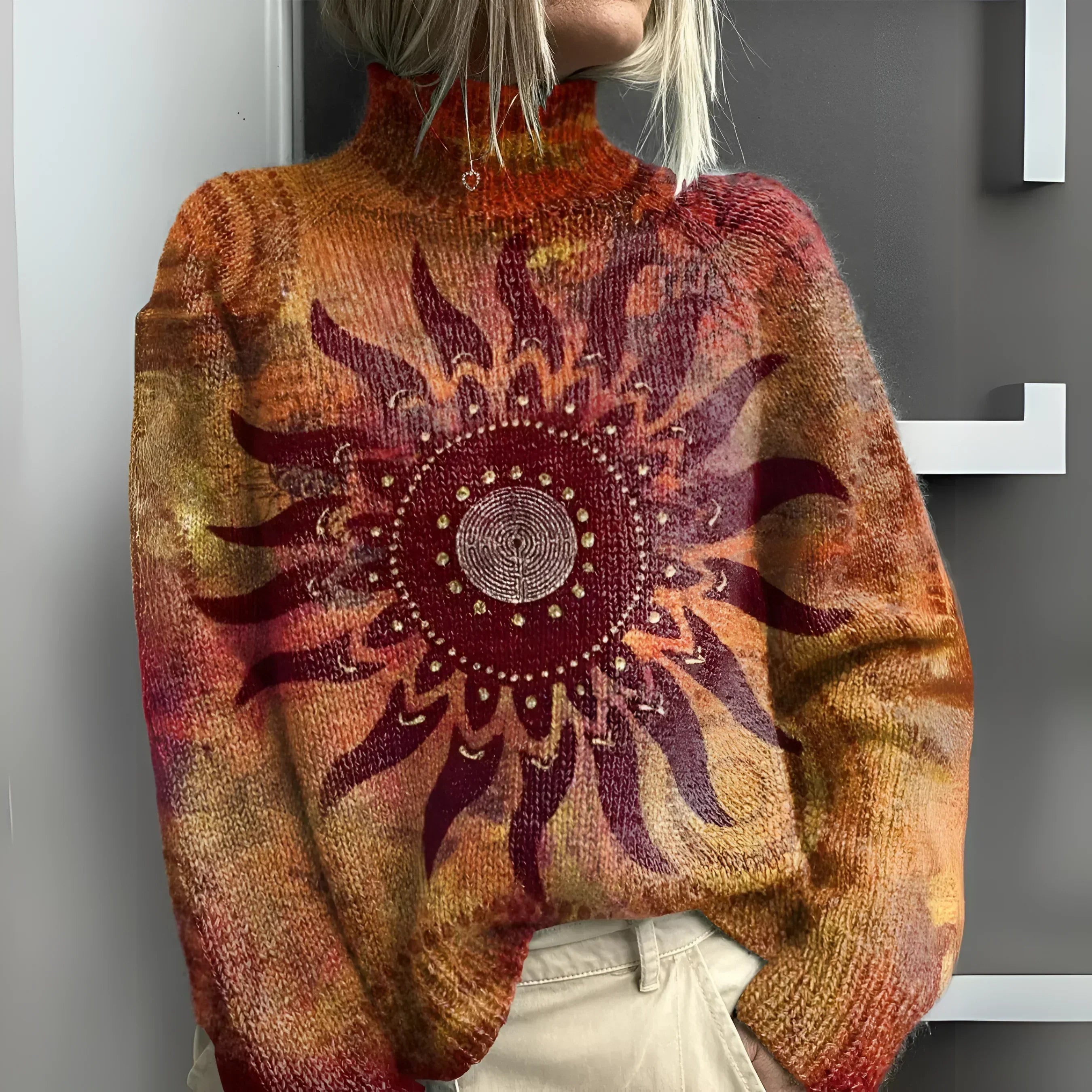 Eline - Comfortable Knit High Neck Sweater with Tribal Sun Design