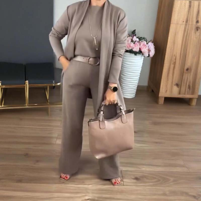 Elegant 3-Piece Set consisting of Long Cardigan, Top, and Trousers